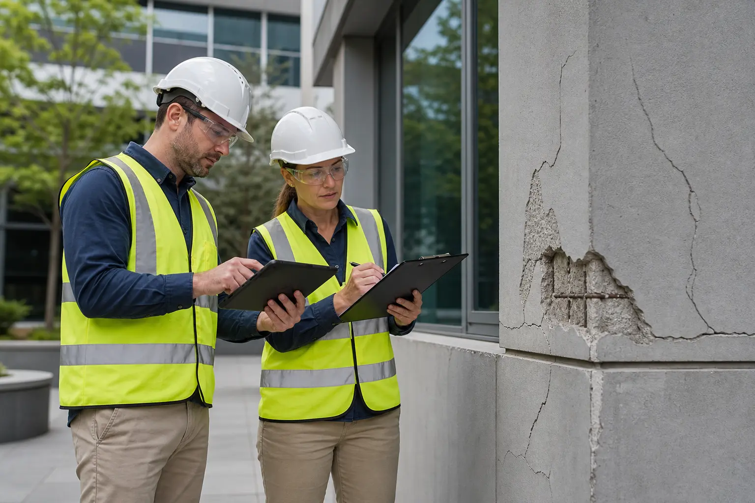 Building professionals documenting defects and cracking at a commercial property