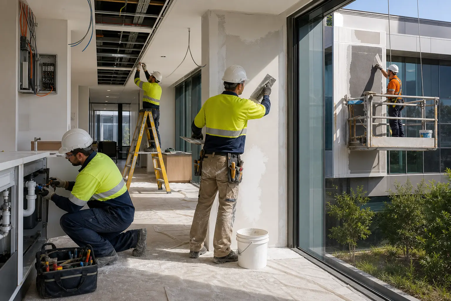 Qualified tradespeople completing coordinated building rectification works