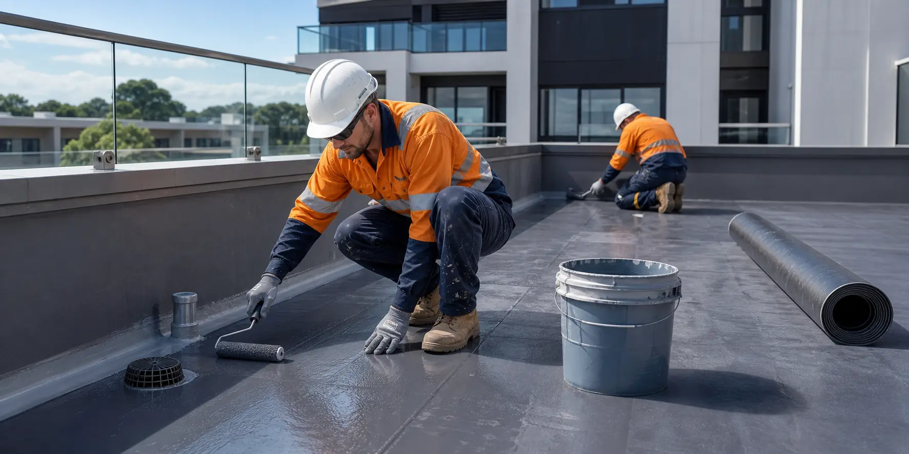 Qualified remediation contractors applying a waterproofing system to a commercial building roof